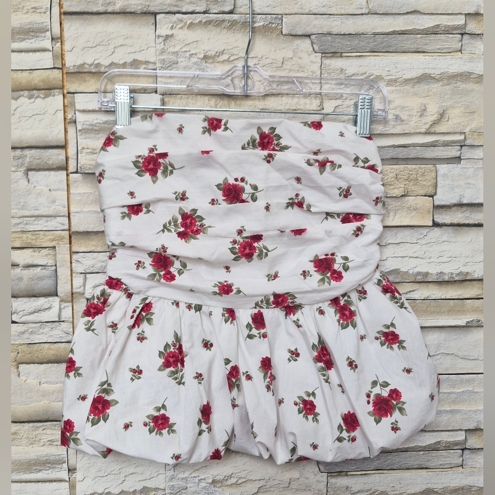 Hollister White Strapless Floral Bubble Top with Red Rose Print